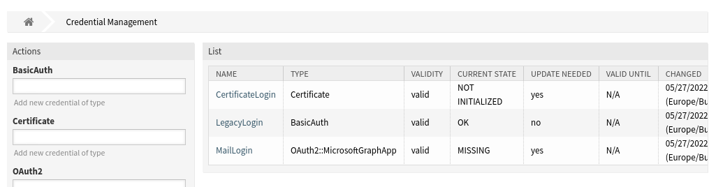 Credential Management Screen