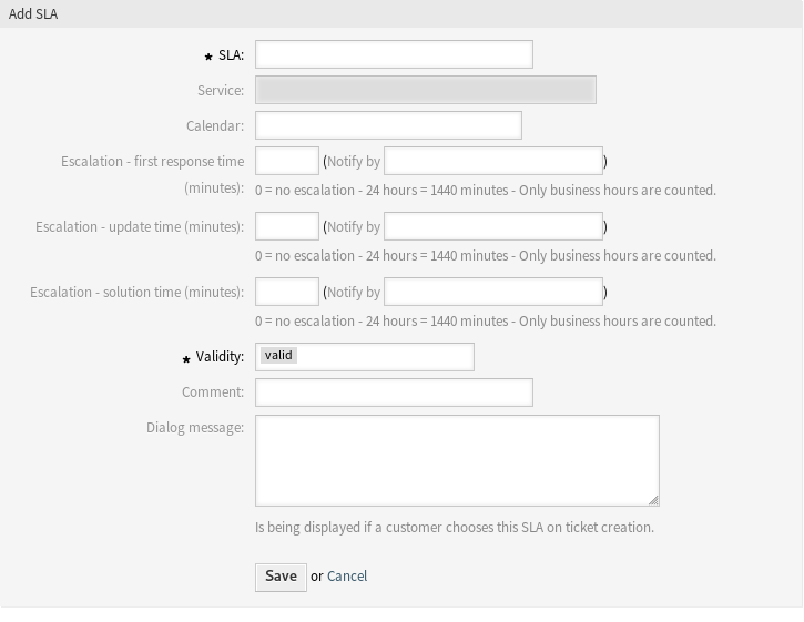 Add Service Level Agreement Screen