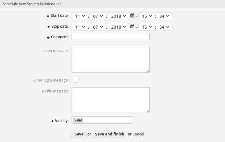 Schedule New System Maintenance Screen