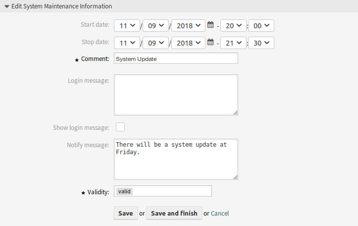 Edit System Maintenance Information Screen