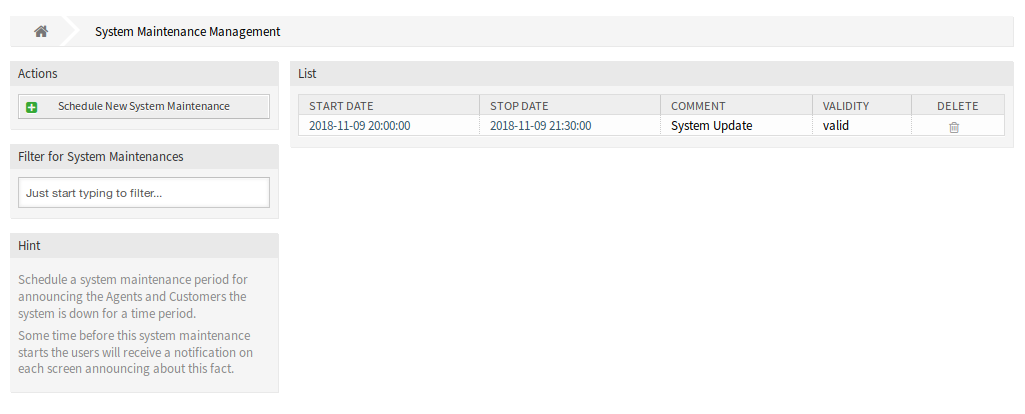 System Maintenance Management Screen