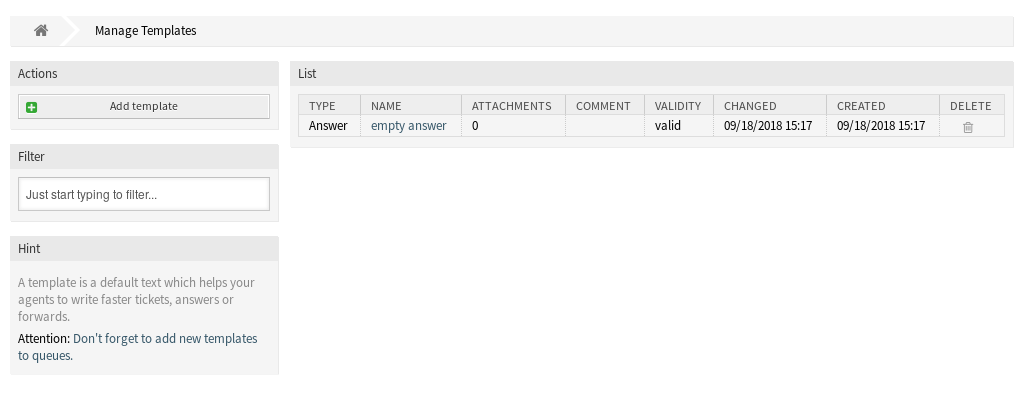 Template Management Screen