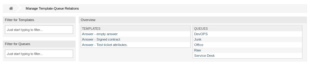Manage Template-Queue Relations Screen