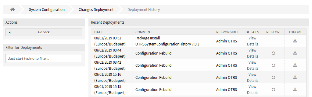 Deployment History Screen