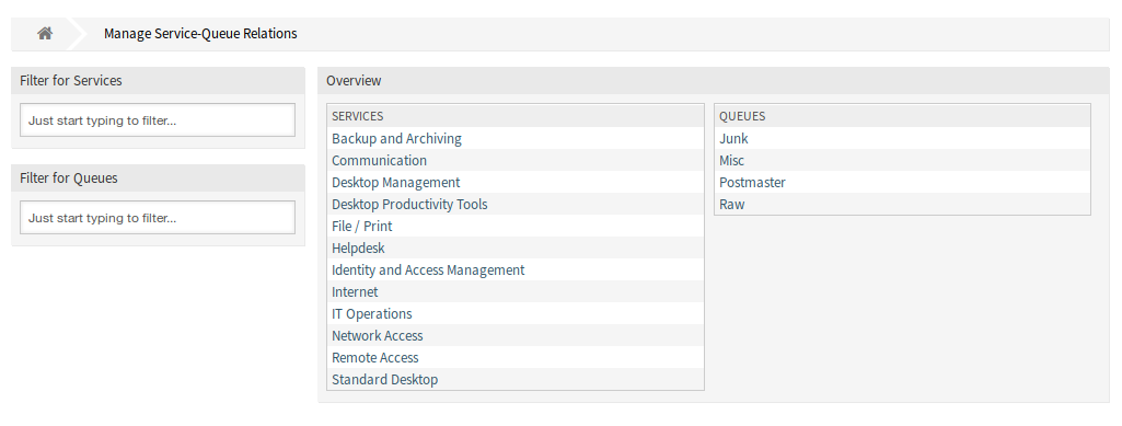 Manage Service-Queue Relations Screen