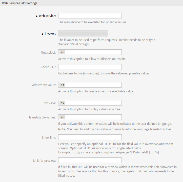 Web Service Dynamic Field Settings