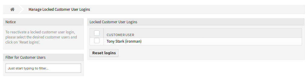 Locked Customer User Logins Management Screen