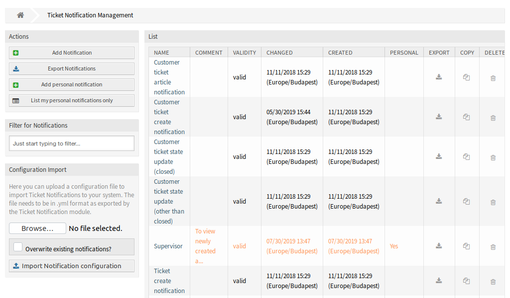 Ticket Notification Management Screen