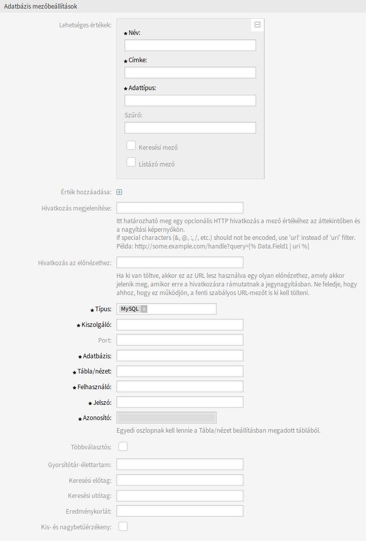 Database Dynamic Field Settings
