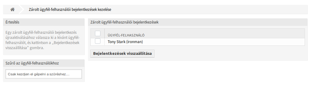 Locked Customer User Logins Management Screen