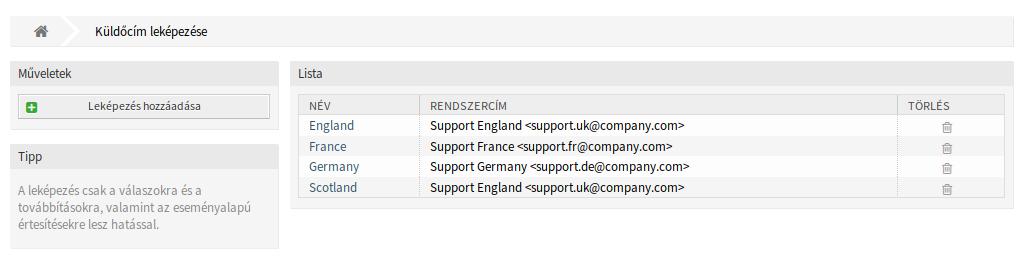 Sender Address Mapping Management Screen