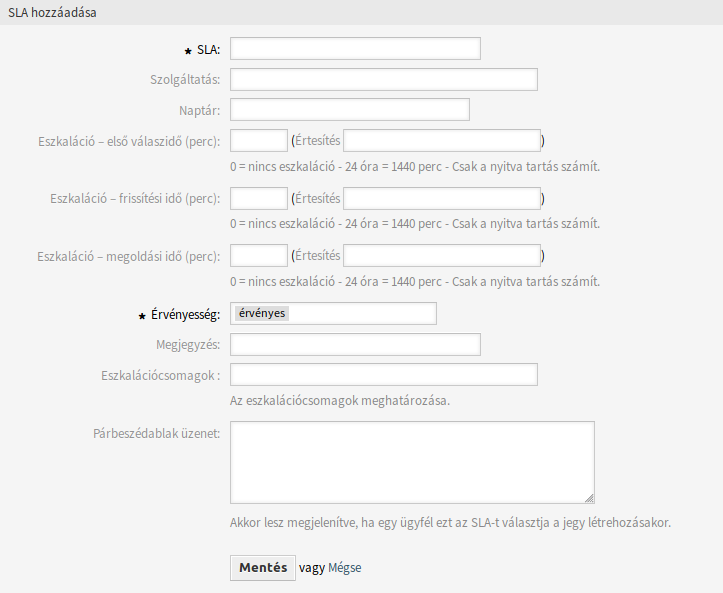 Add Service Level Agreement Screen