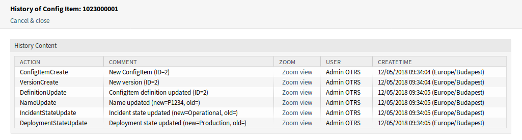 ITSM Configuration Item History Screen