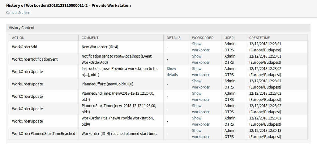 Work Order History Screen