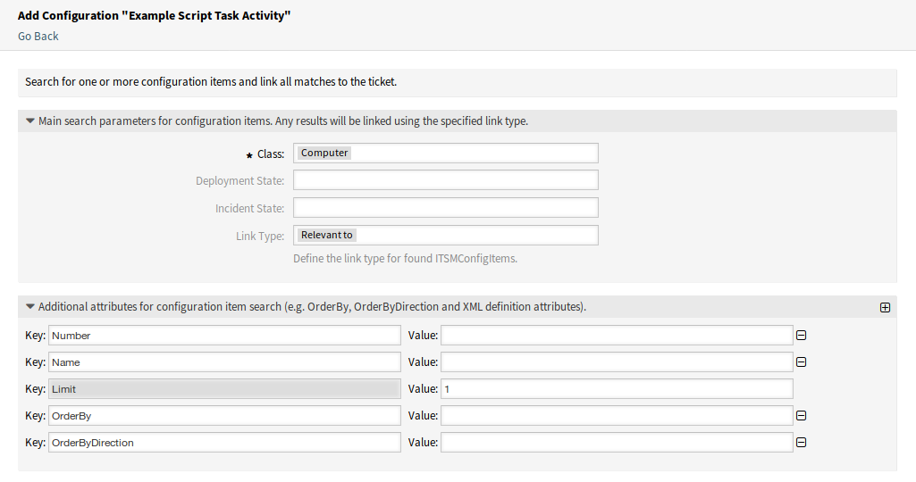 Configuration Screen for ``TicketLinkITSMConfigItem`` Script