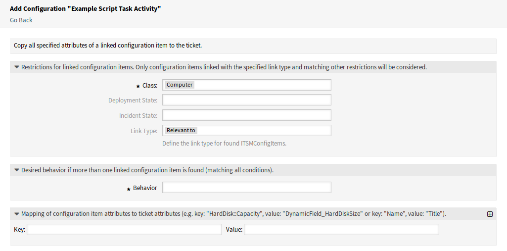 Configuration Screen for ``TicketUpdateByLinkedCI`` Script