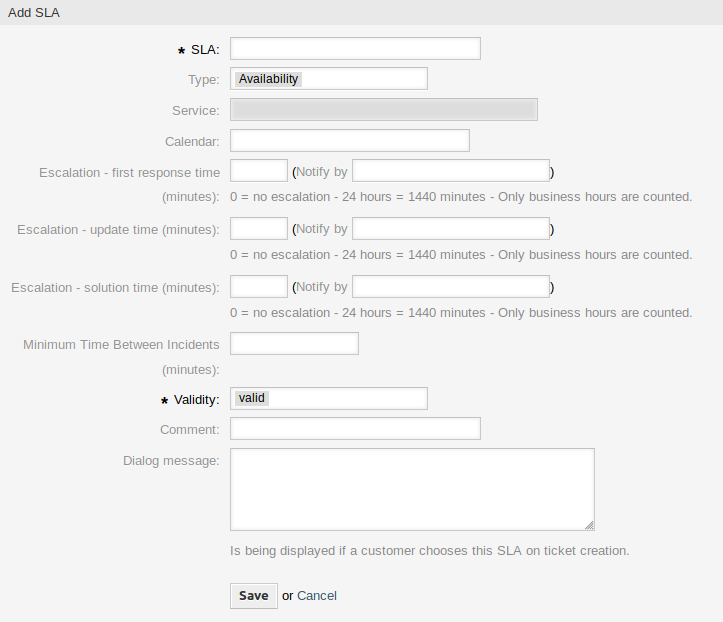 Add Service Level Agreement Screen