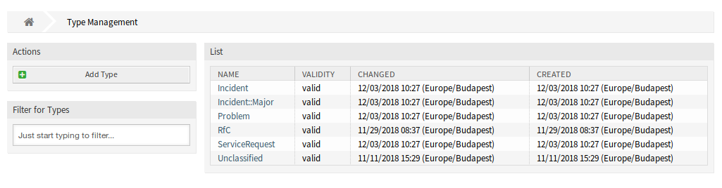 Type Management Screen