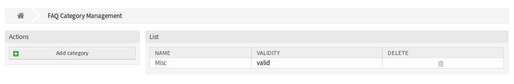 FAQ Category Management Screen